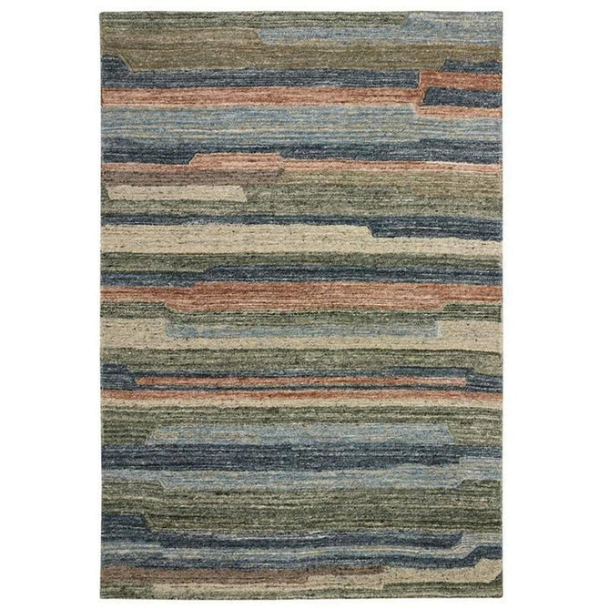 Vista Modern Plain Abstract Stripe Hand-Woven Ribbed Textured Wool Blue/Green/Rust/Multicolour Rug-Oriental Weavers-Rug Love - The Most Loved Rug Store