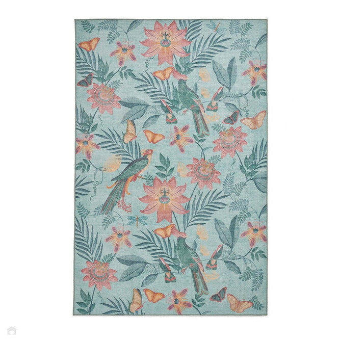 Washable Catherine Lansfield Amaya Tropical Birds Green Lightweight Printed Polyester Flatweave Rug-Think Rugs-Rug Love - The Most Loved Rug Store