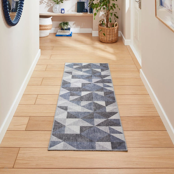 Washable Coral H1057 Modern Geometric Lightweight Printed Polyester Flatweave Blue/Grey Rug-Think Rugs-Rug Love - The Most Loved Rug Store