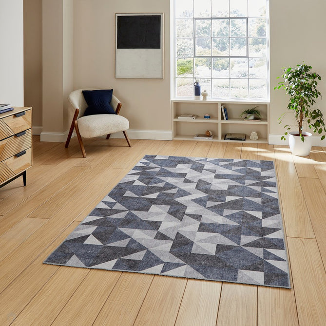 Washable Coral H1057 Modern Geometric Lightweight Printed Polyester Flatweave Blue/Grey Rug-Think Rugs-Rug Love - The Most Loved Rug Store