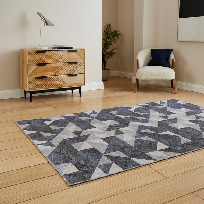 Washable Coral H1057 Modern Geometric Lightweight Printed Polyester Flatweave Blue/Grey Rug-Think Rugs-Rug Love - The Most Loved Rug Store