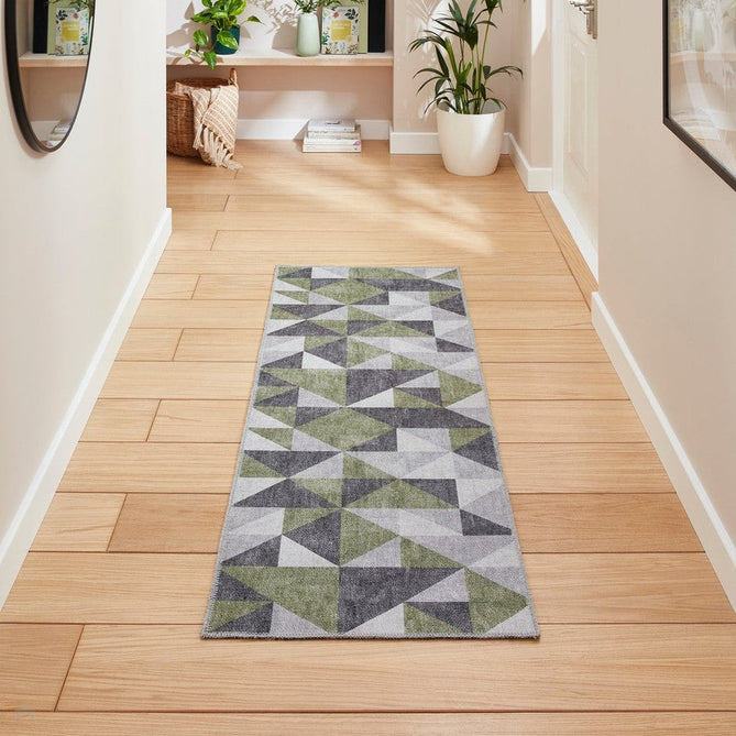 Washable Coral H1057 Modern Geometric Lightweight Printed Polyester Flatweave Green/Grey Runner-Think Rugs-Rug Love - The Most Loved Rug Store