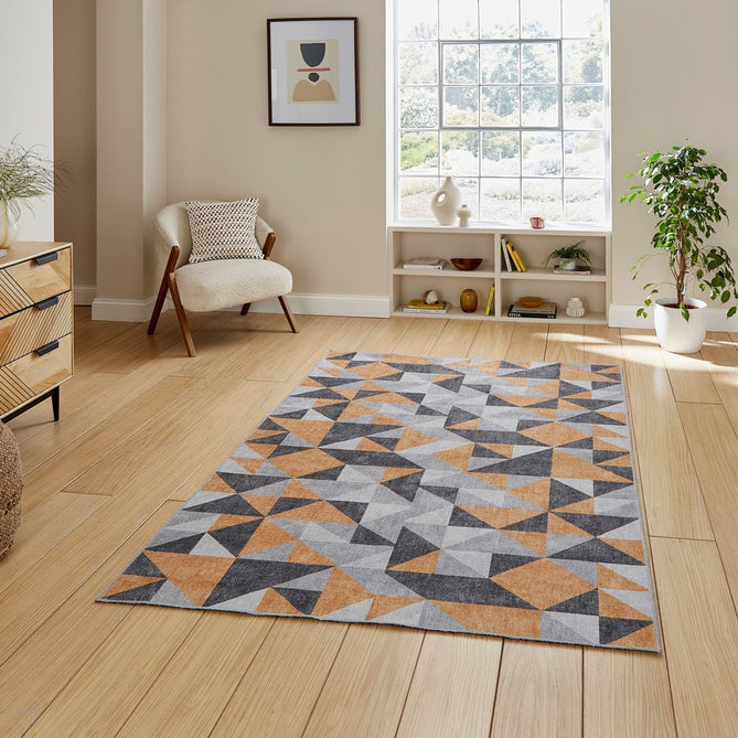 Washable Coral H1057 Modern Geometric Lightweight Printed Polyester Flatweave Yellow/Grey Rug-Think Rugs-Rug Love - The Most Loved Rug Store