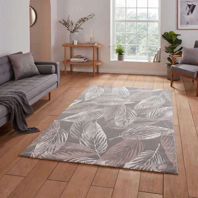 Washable Flores 1925 Modern Super-Soft Floral Leaves Verdant Textured Eco-Friendly Recycled Polyester Pile Grey/Cream/Beige Rug-Think Rugs-Rug Love - The Most Loved Rug Store