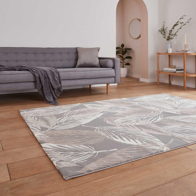 Washable Flores 1925 Modern Super-Soft Floral Leaves Verdant Textured Eco-Friendly Recycled Polyester Pile Grey/Cream/Beige Rug-Think Rugs-Rug Love - The Most Loved Rug Store