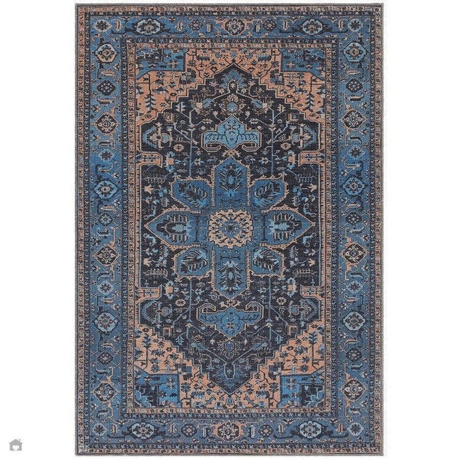 Buy Asiatic Carpets Washable Kaya Niki KY14 Traditional Persian Vintage Distressed Floral Durable Chenille Polyester Flatweave Blue/Orange/Black/Multicolour Rug Lowest Price | Rug Love