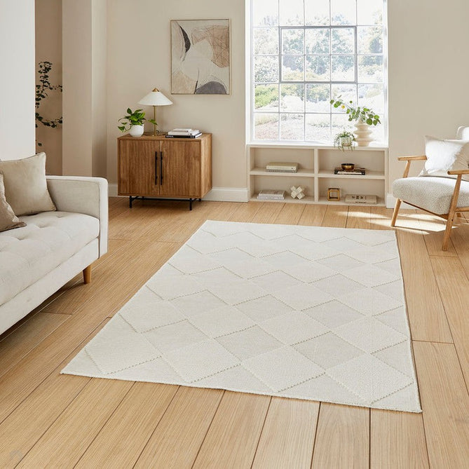 Washable Lyna J0529 Modern Harlequin Checkerboard Diamond Ribbed Soft-Touch Hi-Low Textured Polypropylene Mix Pile Cream Rug-Think Rugs-Rug Love - The Most Loved Rug Store