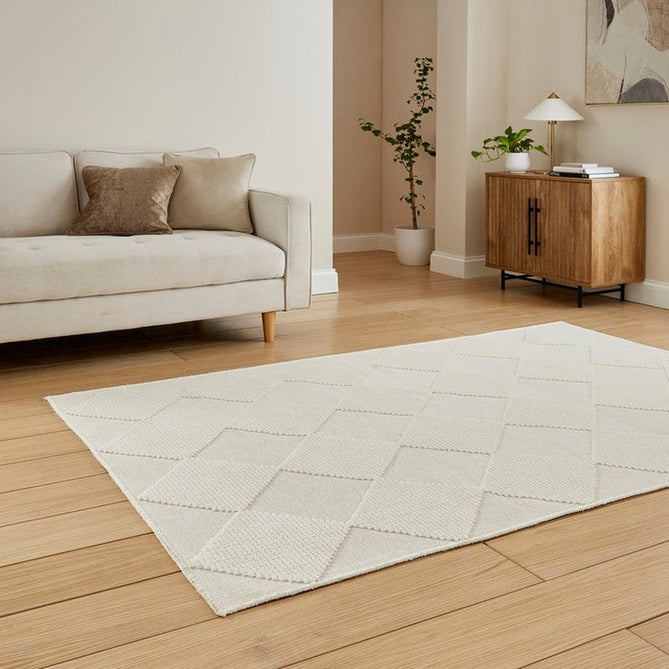 Washable Lyna J0529 Modern Harlequin Checkerboard Diamond Ribbed Soft-Touch Hi-Low Textured Polypropylene Mix Pile Cream Rug-Think Rugs-Rug Love - The Most Loved Rug Store