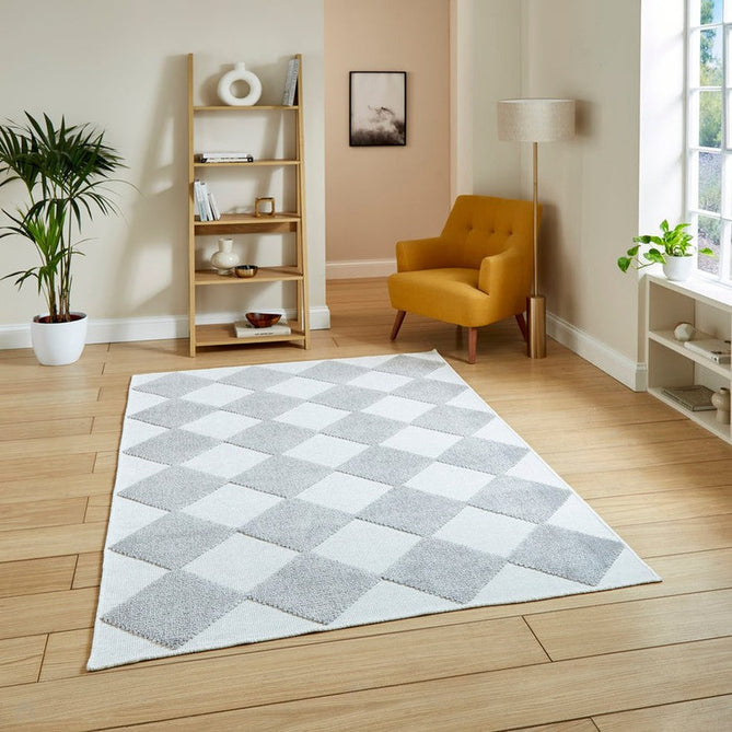 Washable Lyna J0529 Modern Harlequin Checkerboard Diamond Ribbed Soft-Touch Hi-Low Textured Polypropylene Mix Pile Cream/Grey Rug-Think Rugs-Rug Love - The Most Loved Rug Store