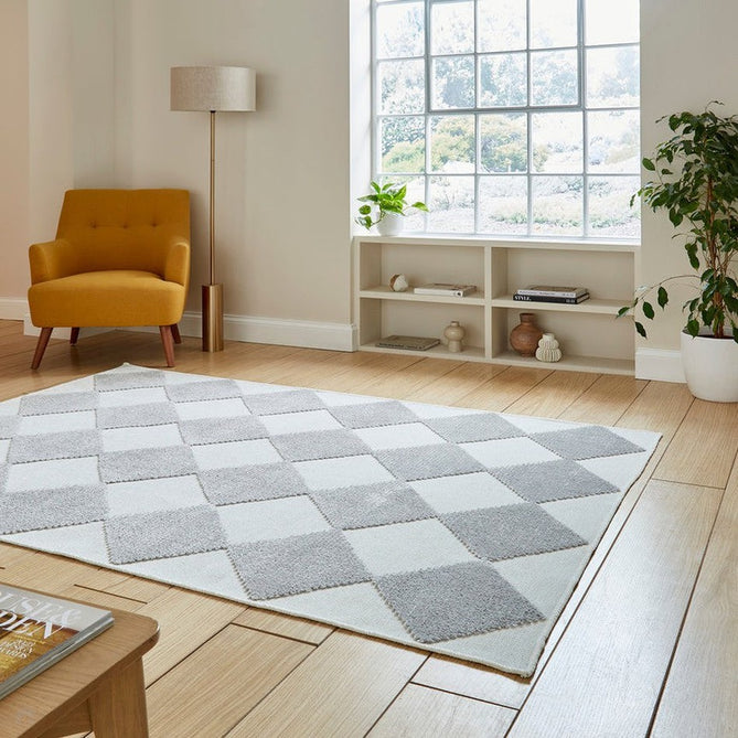 Washable Lyna J0529 Modern Harlequin Checkerboard Diamond Ribbed Soft-Touch Hi-Low Textured Polypropylene Mix Pile Cream/Grey Rug-Think Rugs-Rug Love - The Most Loved Rug Store