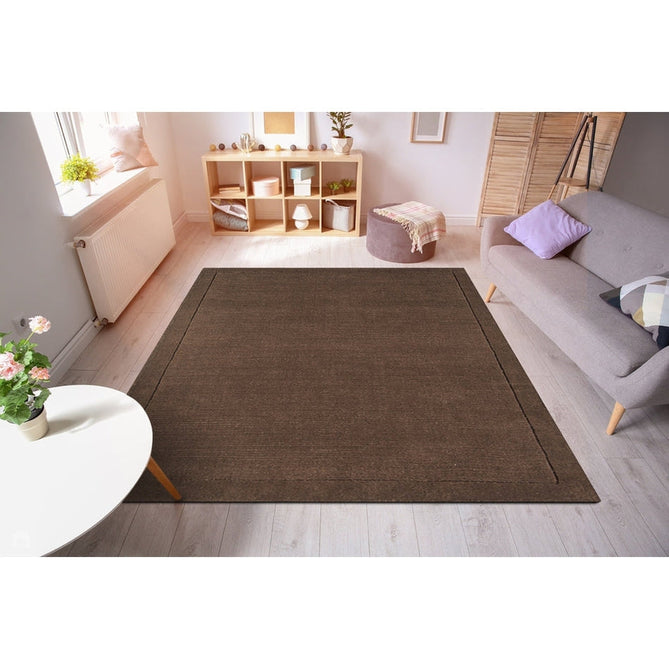 York Modern Plain Textured Subtle Ribbed Stripe Contrast Smooth Border Hand-Woven Wool Chocolate Rug-Asiatic Carpets-Rug Love - The Most Loved Rug Store