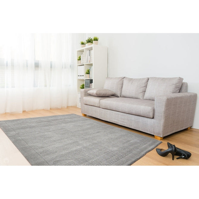 York Modern Plain Textured Subtle Ribbed Stripe Contrast Smooth Border Hand-Woven Wool Grey Rug-Asiatic Carpets-Rug Love - The Most Loved Rug Store