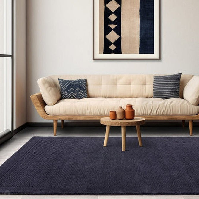 York Modern Plain Textured Subtle Ribbed Stripe Contrast Smooth Border Hand-Woven Wool Navy Blue Rug-Asiatic Carpets-Rug Love - The Most Loved Rug Store