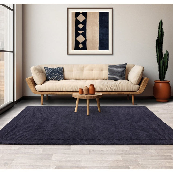 York Modern Plain Textured Subtle Ribbed Stripe Contrast Smooth Border Hand-Woven Wool Navy Blue Rug-Asiatic Carpets-Rug Love - The Most Loved Rug Store