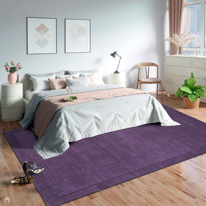 York Modern Plain Textured Subtle Ribbed Stripe Contrast Smooth Border Hand-Woven Wool Purple Rug-Asiatic Carpets-Rug Love - The Most Loved Rug Store