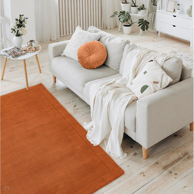 York Modern Plain Textured Subtle Ribbed Stripe Contrast Smooth Border Hand-Woven Wool Terracotta Rug-Asiatic Carpets-Rug Love - The Most Loved Rug Store