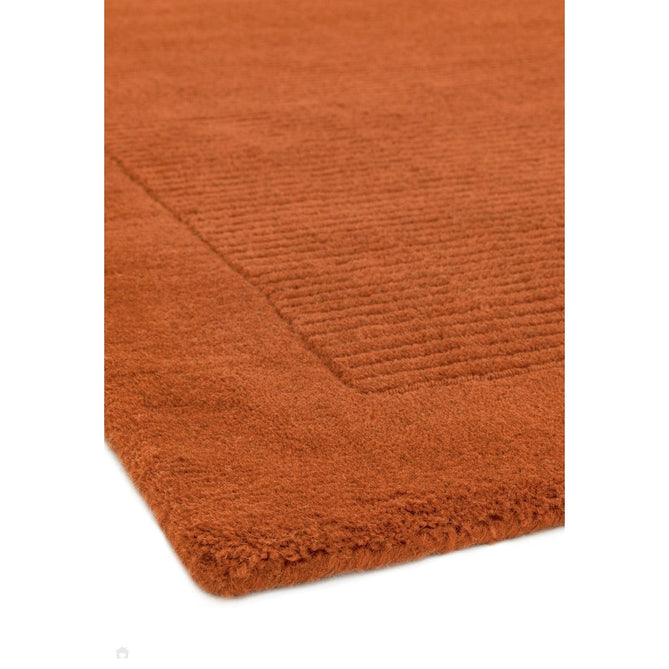 York Modern Plain Textured Subtle Ribbed Stripe Contrast Smooth Border Hand-Woven Wool Terracotta Rug-Asiatic Carpets-Rug Love - The Most Loved Rug Store